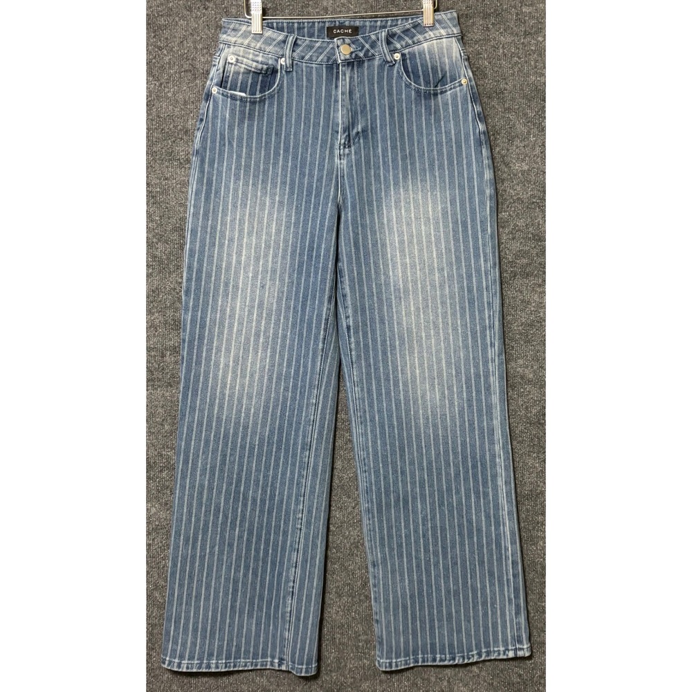 Caché Women 29 Jeans Blue Pinstripe Wide Leg High Rise Stretch